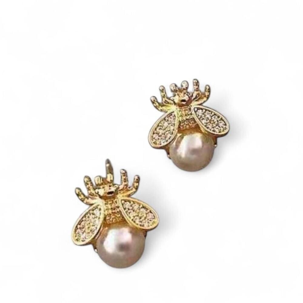 Gold Bee Pearl Stud Earrings Jewelry
